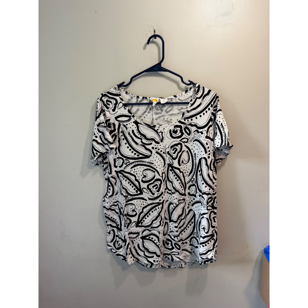C&C‎ California Womens 1X Top Black White Abstract Graphic Cotton Scoop Neck Tee